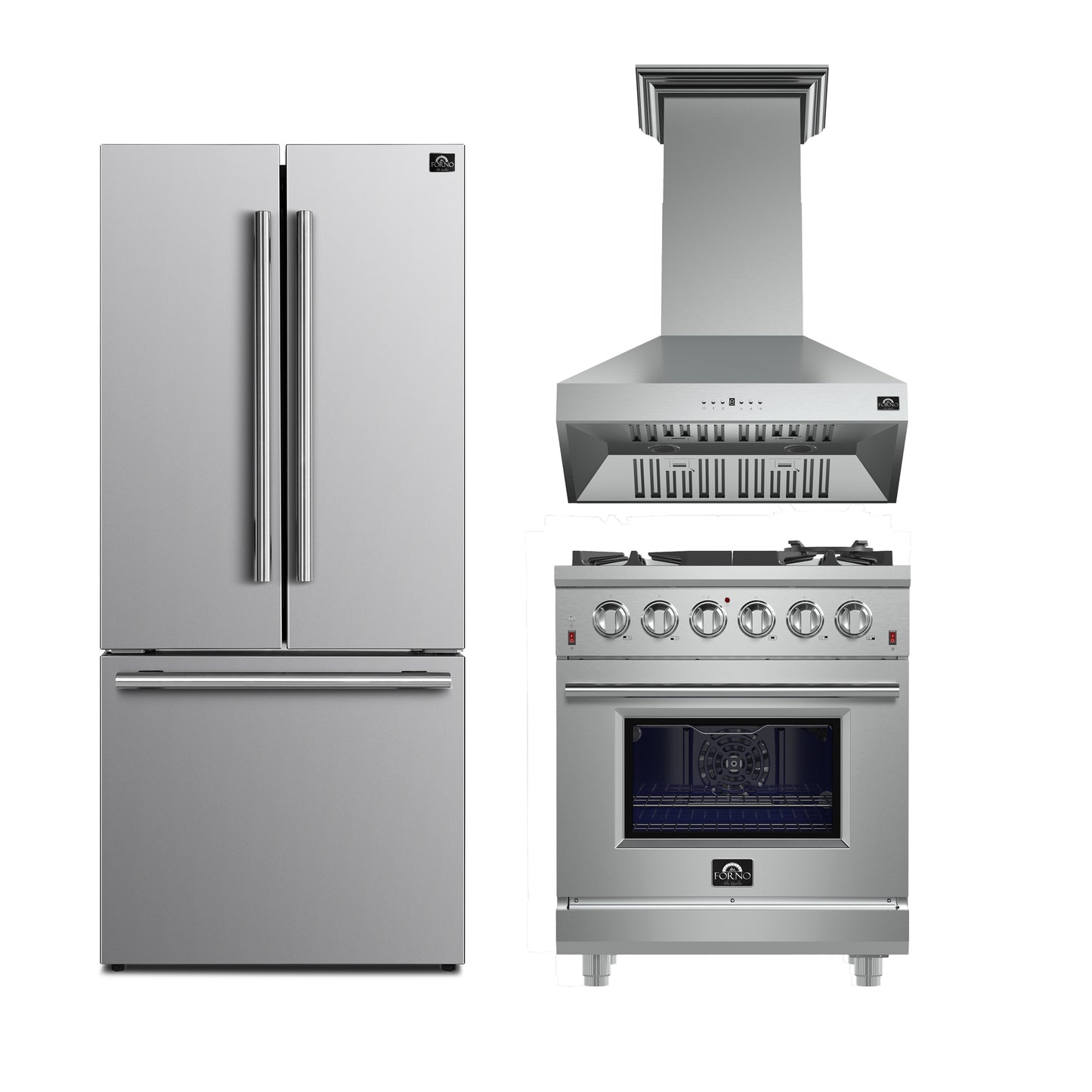 FORNO 3-Piece SS Kitchen Bundle - 30" Gas Range, 31" French Door Refrigerator and 30" Range Hood - Forno Appliances