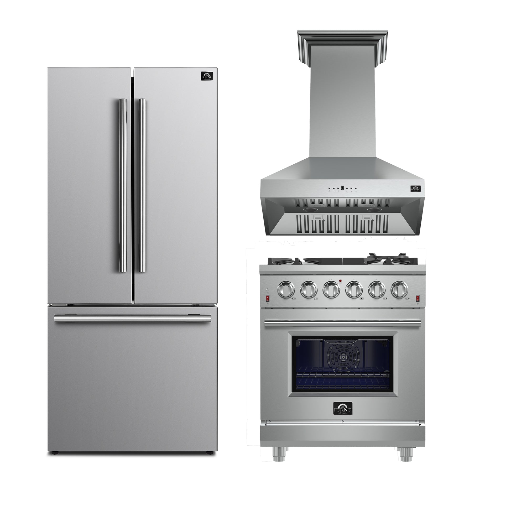 FORNO 3-Piece SS Kitchen Bundle - 30" Gas Range, 31" French Door Refrigerator and 30" Range Hood - Forno Appliances