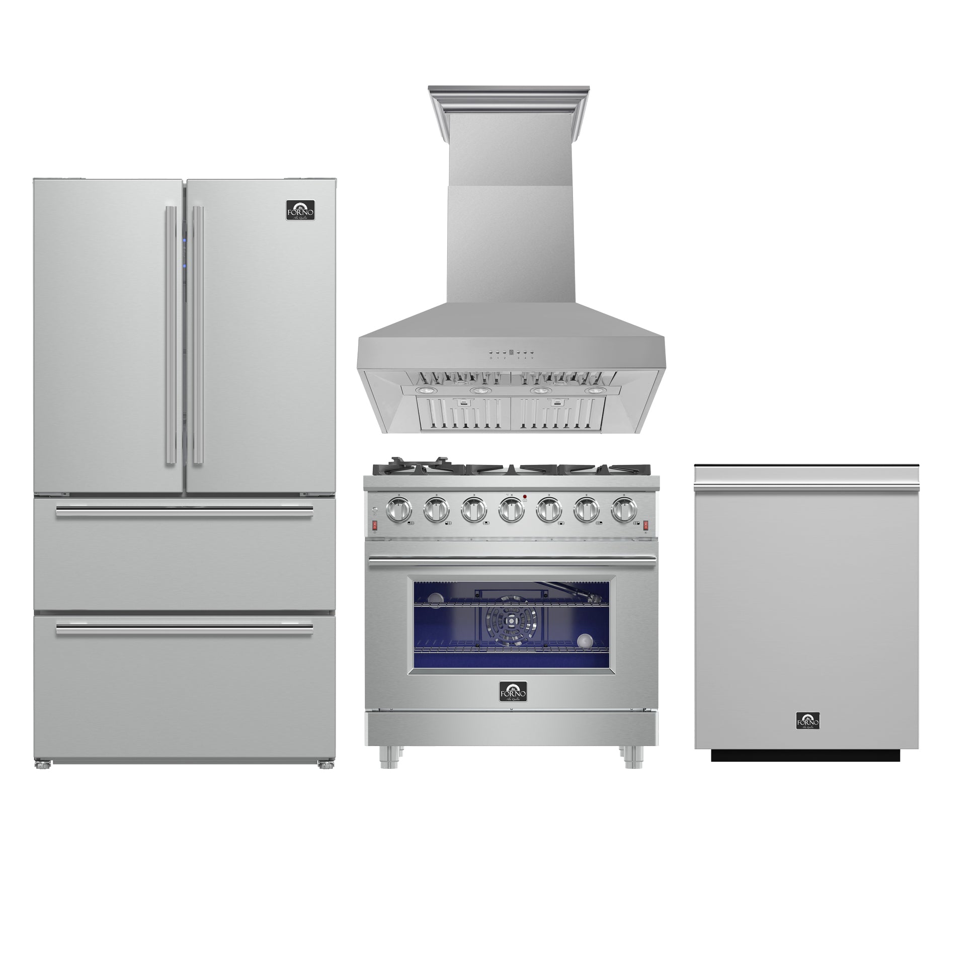 FORNO 4-Piece SS Kitchen Bundle - 36" Gas Range, 36" Fr. Door Refrigerator, 36" Hood, 24" Dishwasher - Forno Appliances