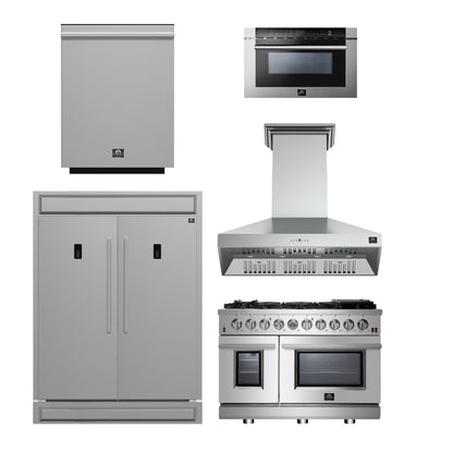 FORNO 5-Piece SS Kitchen Bundle - 48" Gas Range, 60" SxS Fridge, 48" Range Hood, 24" DW, 30" MW - Forno Appliances