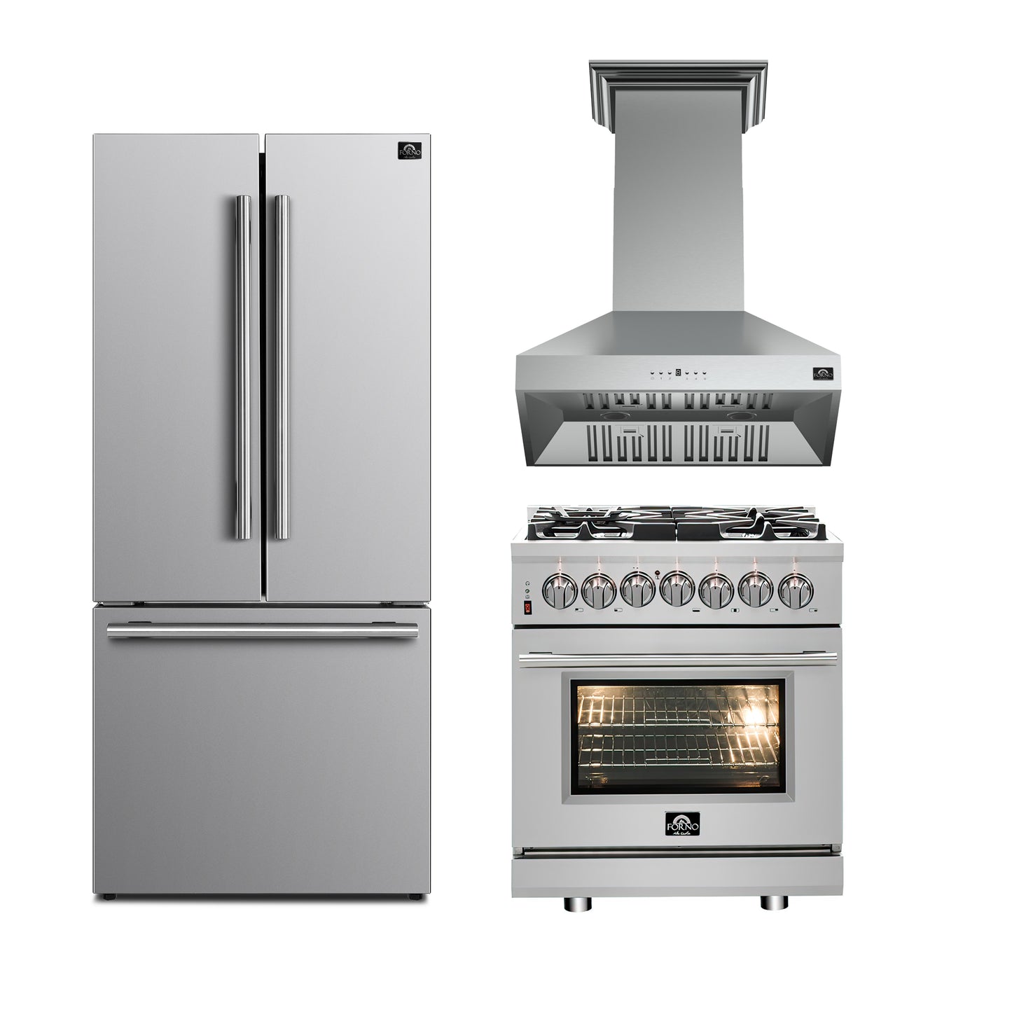 FORNO 3-Piece SS Kitchen Bundle - 30" Gas Range, 31" French Door Refrigerator and 30" Range Hood - Forno Appliances
