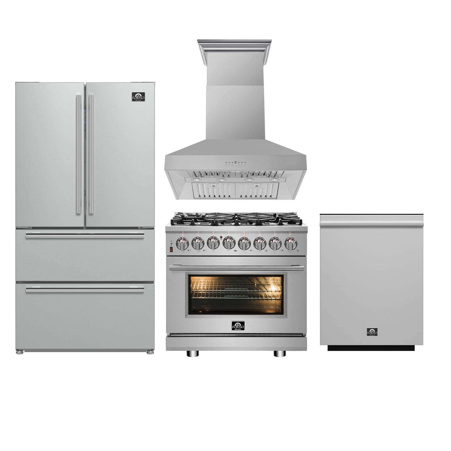 FORNO 4-Piece SS Kitchen Bundle - 36" Gas Range, 36" Fr. Door Refrigerator, 36" Hood, 24" Dishwasher - Forno Appliances