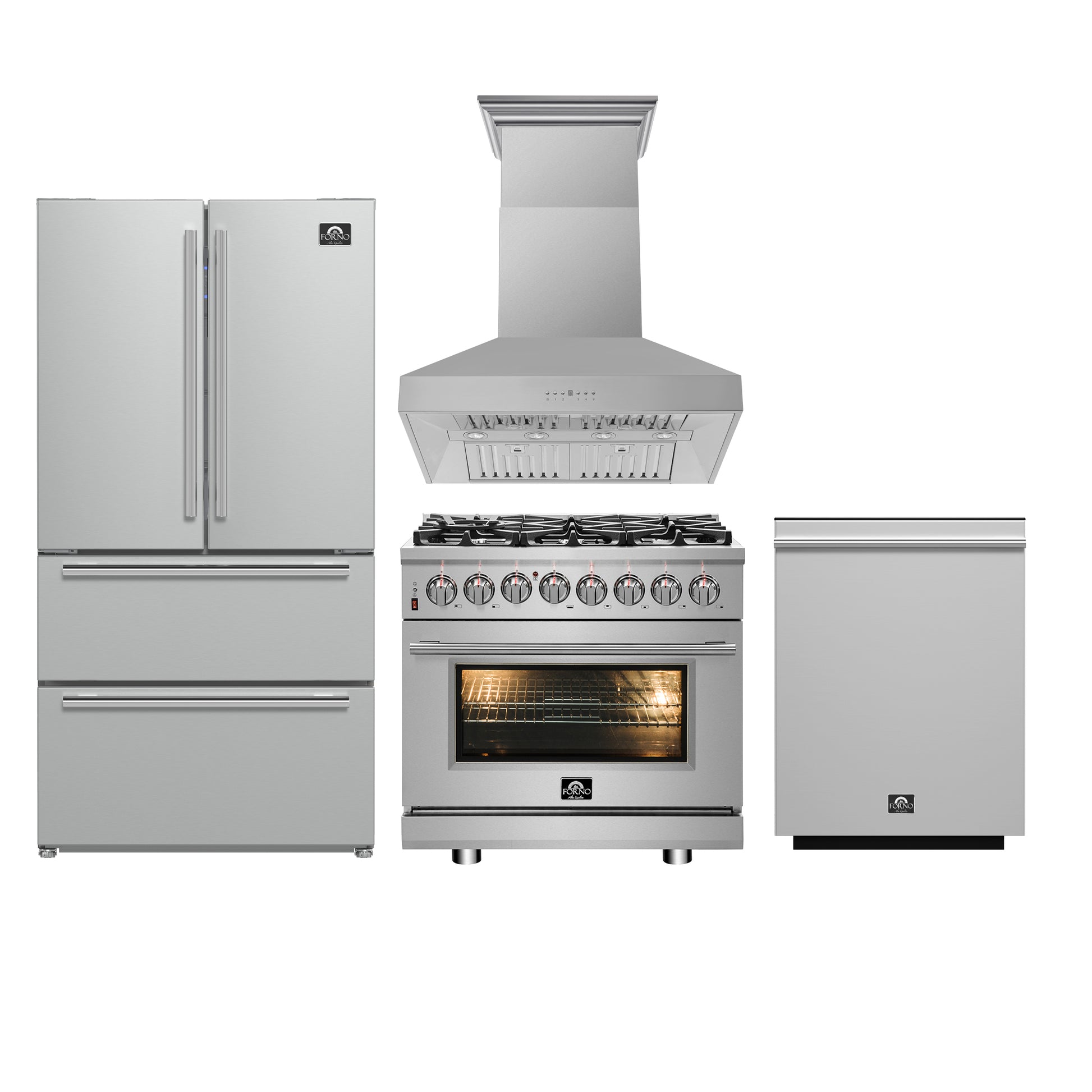 FORNO 4-Piece SS Kitchen Bundle - 36" Gas Range, 36" Fr. Door Refrigerator, 36" Hood, 24" Dishwasher - Forno Appliances