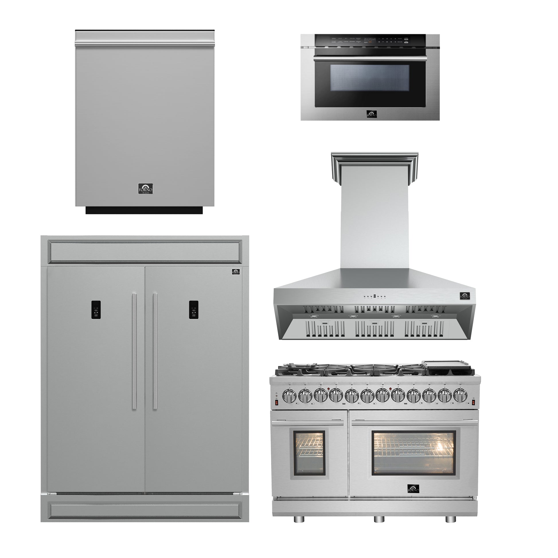 FORNO 5-Piece SS Kitchen Bundle - 48" Gas Range, 60" SxS Fridge, 48" Range Hood, 24" DW, 30" MW - Forno Appliances