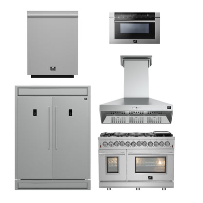 FORNO 5-Piece SS Kitchen Bundle - 48" Gas Range, 60" SxS Fridge, 48" Range Hood, 24" DW, 30" MW - Forno Appliances