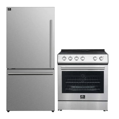 FORNO 2-Piece SS Kitchen Bundle - 30" Electric Range and 31" Bottom Freezer Refrigerator - Forno Appliances