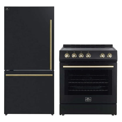 FORNO 2-Piece Black Kitchen Bundle - 30" Electric Range and 31" Bottom Freezer Refrigerator - Forno Appliances