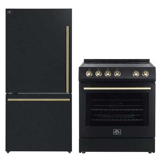 FORNO 2-Piece Black Kitchen Bundle - 30" Electric Range and 31" Bottom Freezer Refrigerator - Forno Appliances