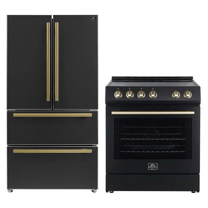 FORNO 2-Piece Black Kitchen Bundle - 30" Electric Range and 36" Bottom Freezer Refrigerator - Forno Appliances