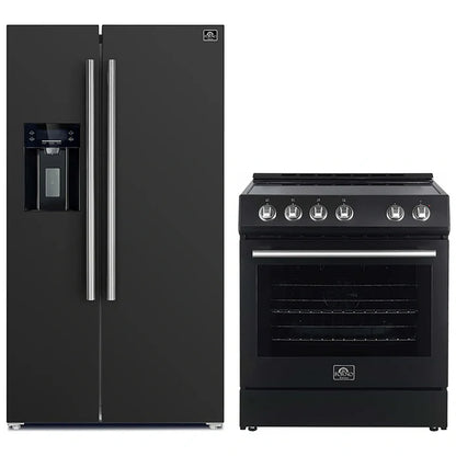 FORNO 2-Piece Black Kitchen Bundle - 30" Electric Range and 36" Bottom Freezer Refrigerator - Forno Appliances
