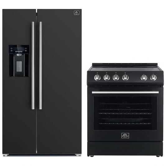 FORNO 2-Piece Black Kitchen Bundle - 30" Electric Range and 36" Bottom Freezer Refrigerator - Forno Appliances