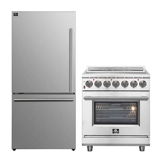 FORNO 2-Piece SS Kitchen Bundle - 30" Electric Range and 31" Bottom Freezer Refrigerator - Forno Appliances