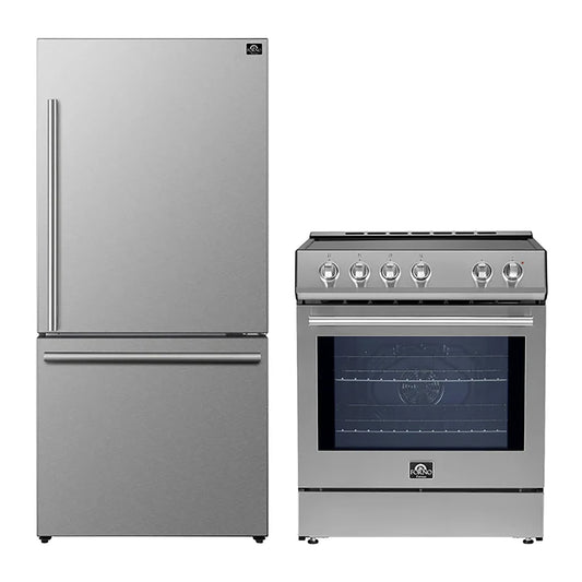 FORNO 2-Piece SS Kitchen Bundle - 30" Induction Range and 31" Bottom Freezer Refrigerator - Forno Appliances