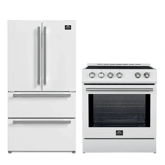 FORNO 2-Piece White Kitchen Bundle - 30" Induction Range and 36" Bottom Freezer Refrigerator - Forno Appliances