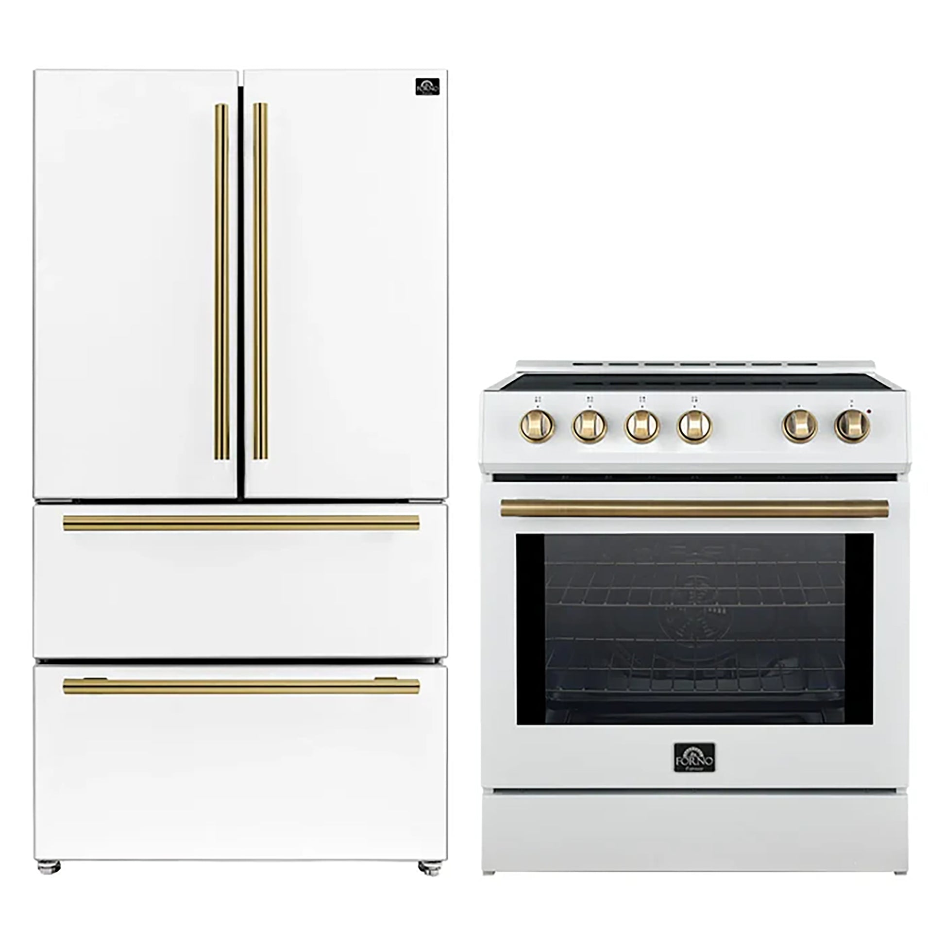 FORNO 2-Piece White Kitchen Bundle - 30" Induction Range and 36" Bottom Freezer Refrigerator - Forno Appliances