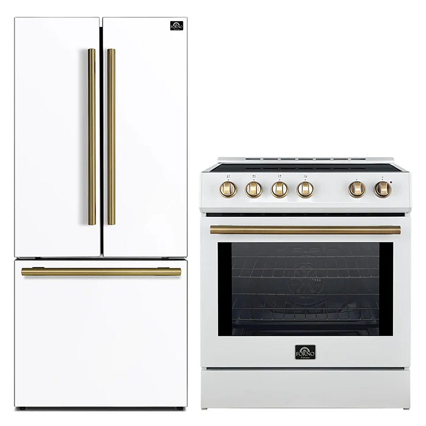 FORNO 2-Piece White Kitchen Bundle - 30" Induction Range and 31" Bottom Freezer Refrigerator - Forno Appliances