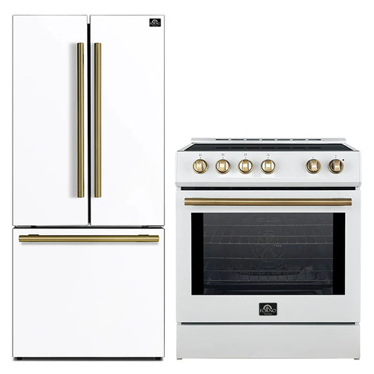 FORNO 2-Piece White Kitchen Bundle - 30" Induction Range and 31" Bottom Freezer Refrigerator - Forno Appliances