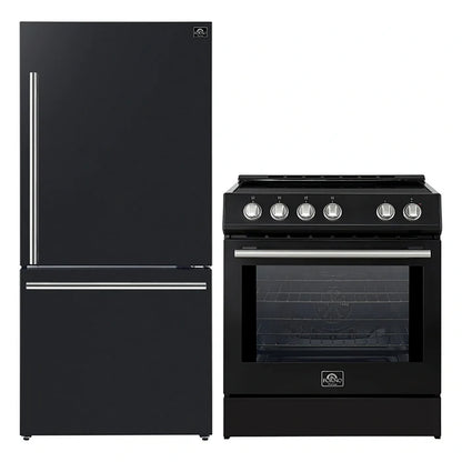 FORNO 2-Piece Black Kitchen Bundle - 30" Induction Range and 31" Bottom Freezer Refrigerator - Forno Appliances