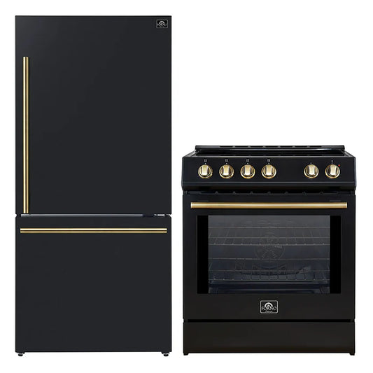 FORNO 2-Piece Black Kitchen Bundle - 30" Induction Range and 31" Bottom Freezer Refrigerator - Forno Appliances