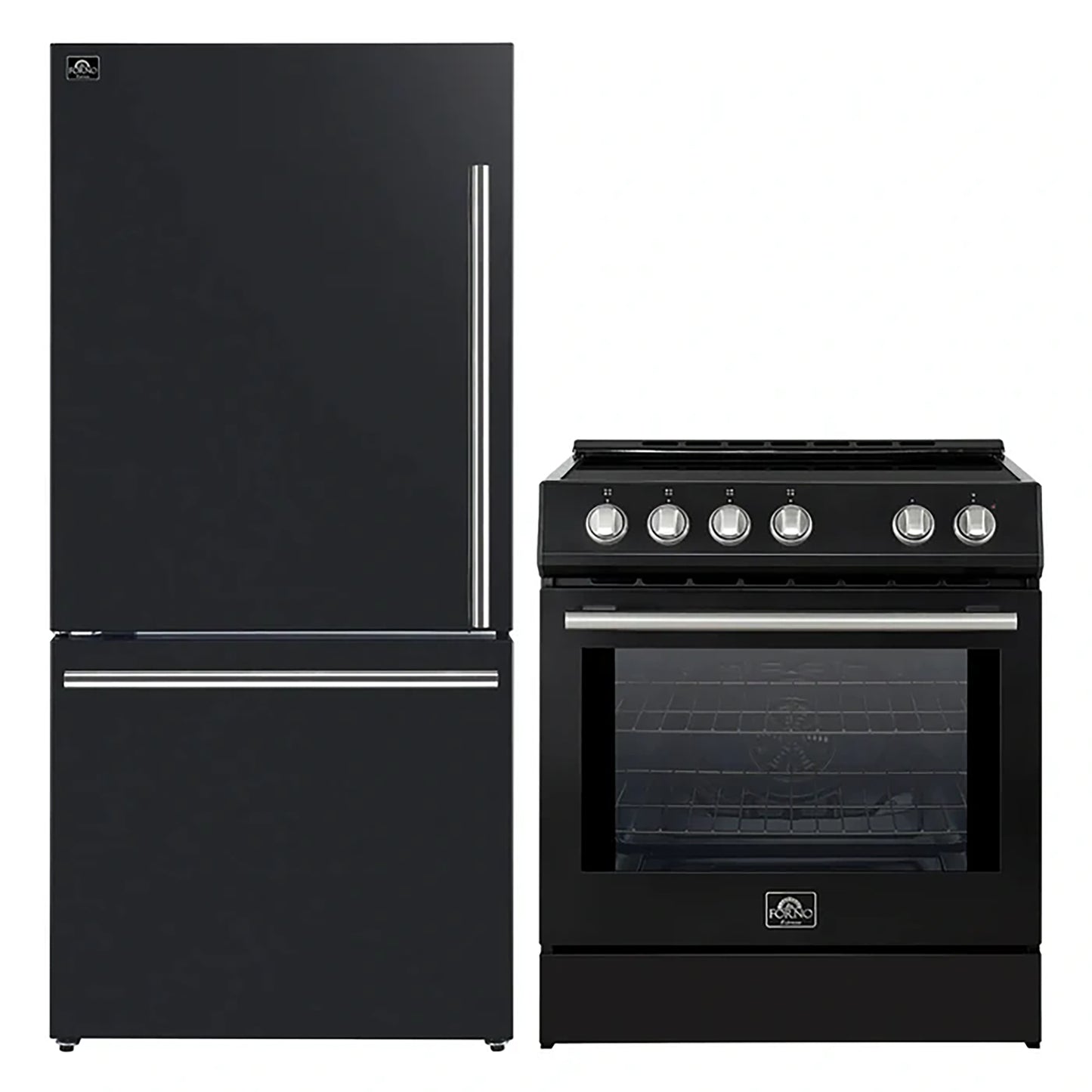 FORNO 2-Piece Black Kitchen Bundle - 30" Induction Range and 31" Bottom Freezer Refrigerator - Forno Appliances