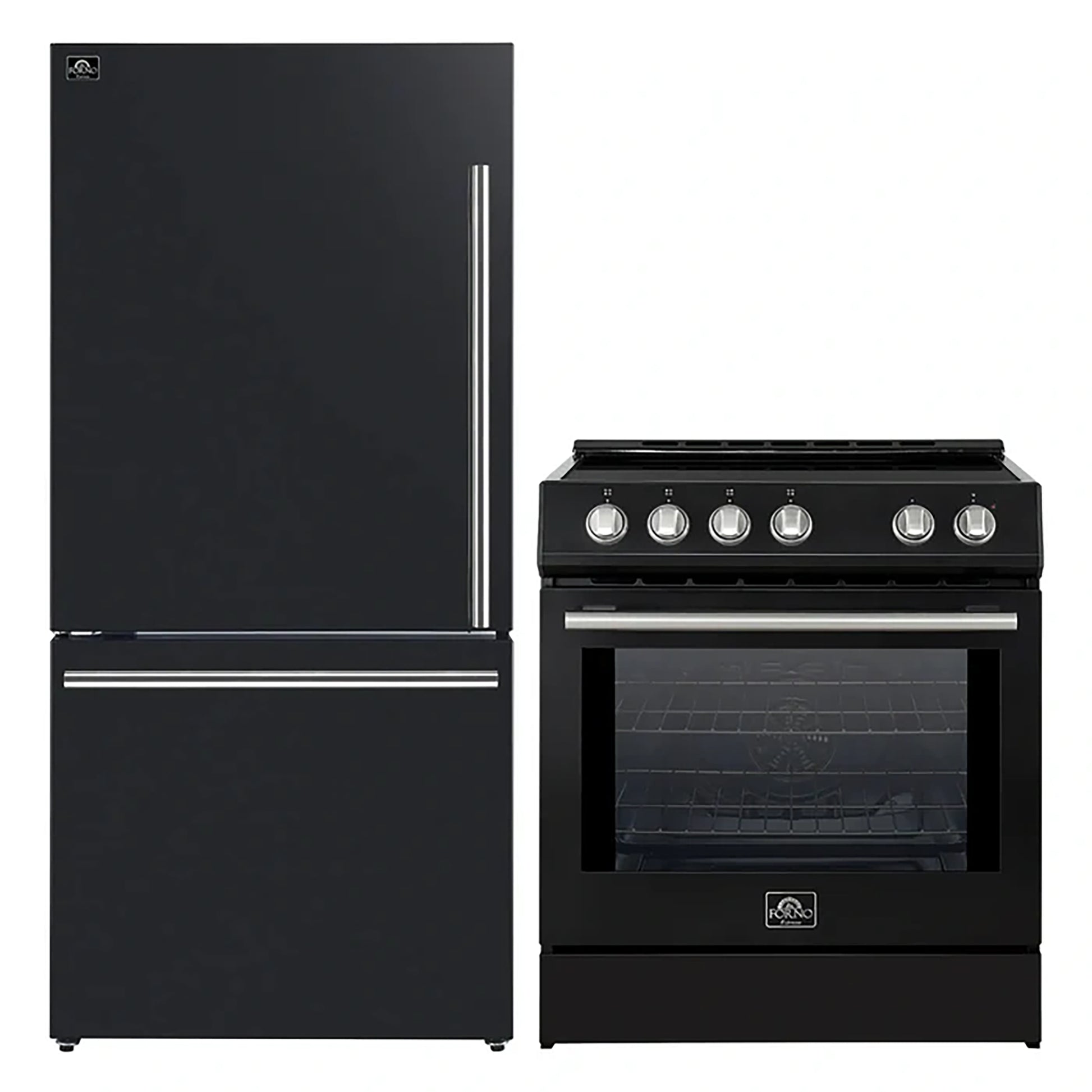 FORNO 2-Piece Black Kitchen Bundle - 30" Induction Range and 31" Bottom Freezer Refrigerator - Forno Appliances