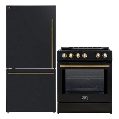 FORNO 2-Piece Black Kitchen Bundle - 30" Induction Range and 31" Bottom Freezer Refrigerator - Forno Appliances