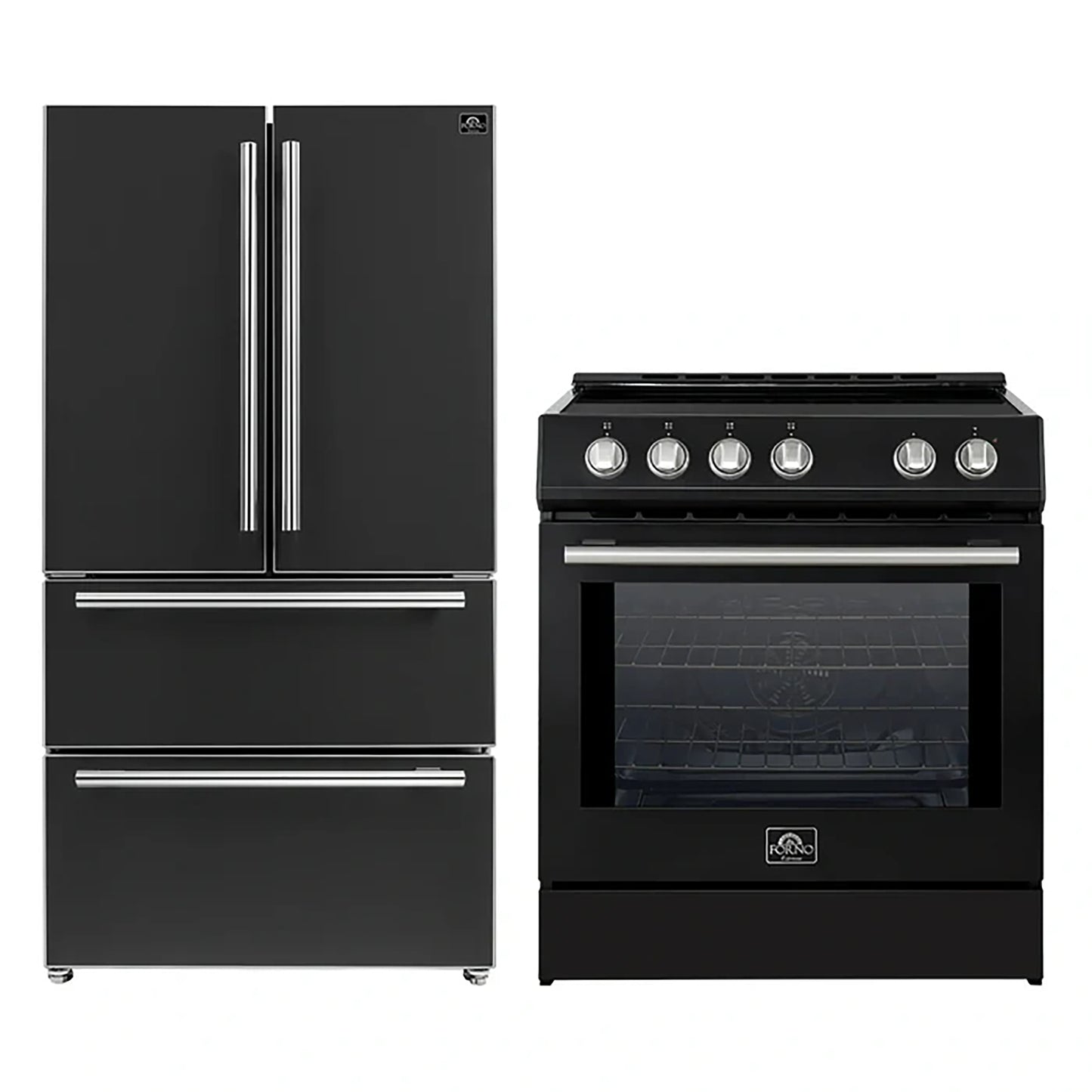 FORNO 2-Piece Black Kitchen Bundle - 30" Induction Range and 36" Bottom Freezer Refrigerator - Forno Appliances