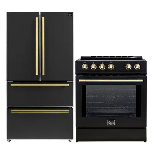 FORNO 2-Piece Black Kitchen Bundle - 30" Induction Range and 36" Bottom Freezer Refrigerator - Forno Appliances