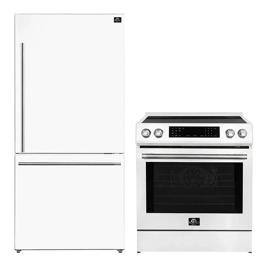 FORNO 2-Piece White Kitchen Bundle - 30" Induction Range and 31" Bottom Freezer Refrigerator - Forno Appliances