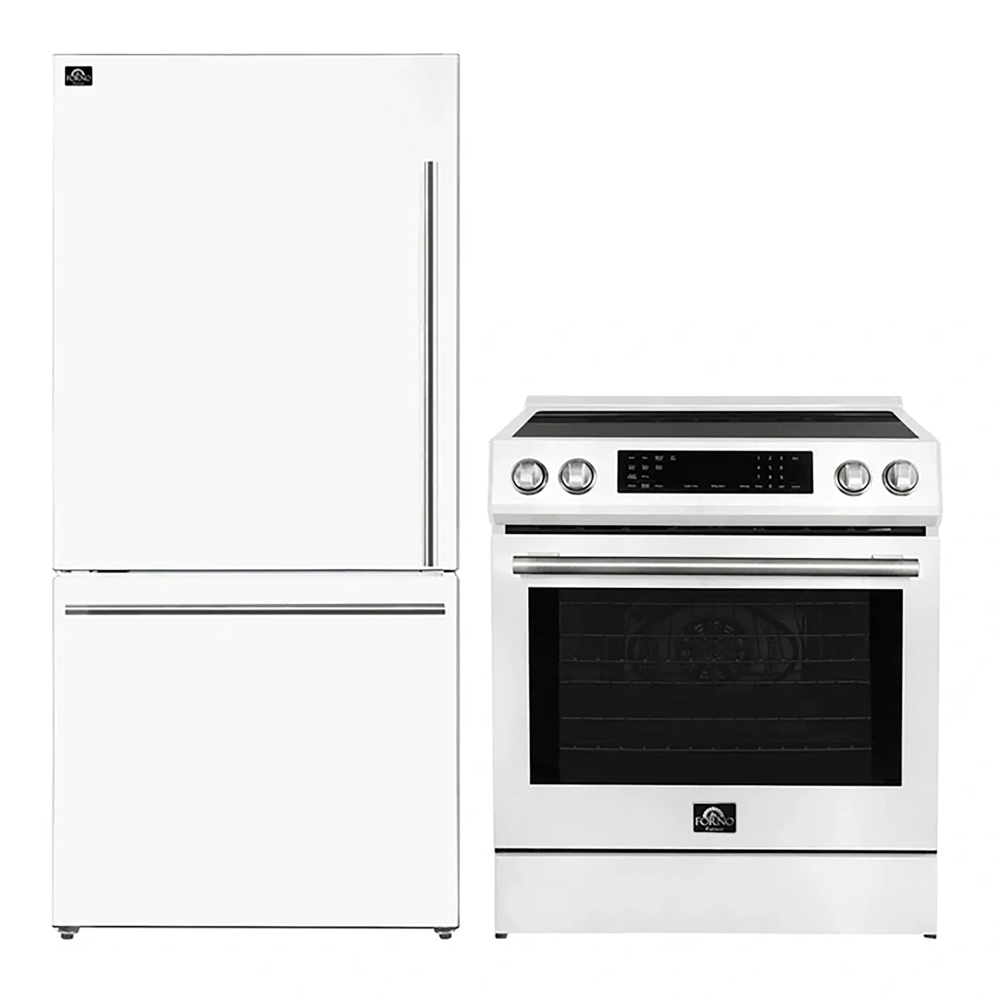 FORNO 2-Piece White Kitchen Bundle - 30" Induction Range and 31" Bottom Freezer Refrigerator - Forno Appliances