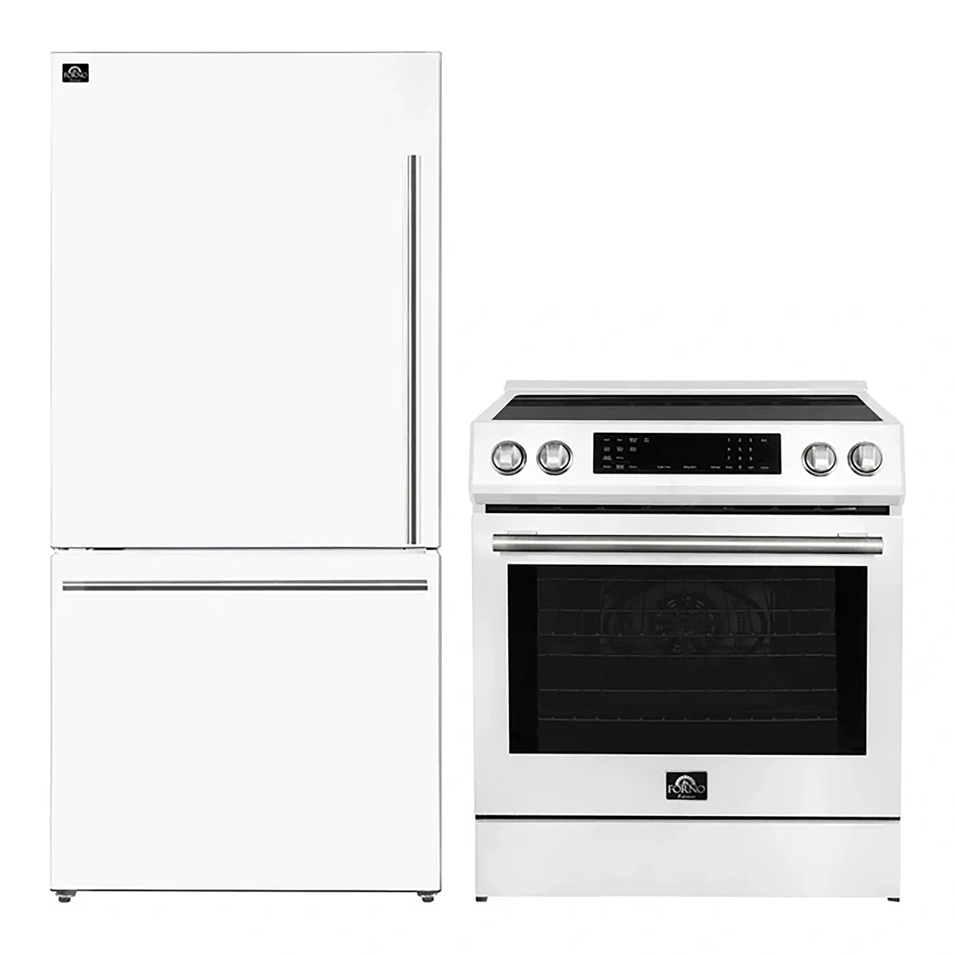 FORNO 2-Piece White Kitchen Bundle - 30" Induction Range and 31" Bottom Freezer Refrigerator - Forno Appliances