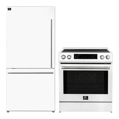 FORNO 2-Piece White Kitchen Bundle - 30" Induction Range and 31" Bottom Freezer Refrigerator - Forno Appliances