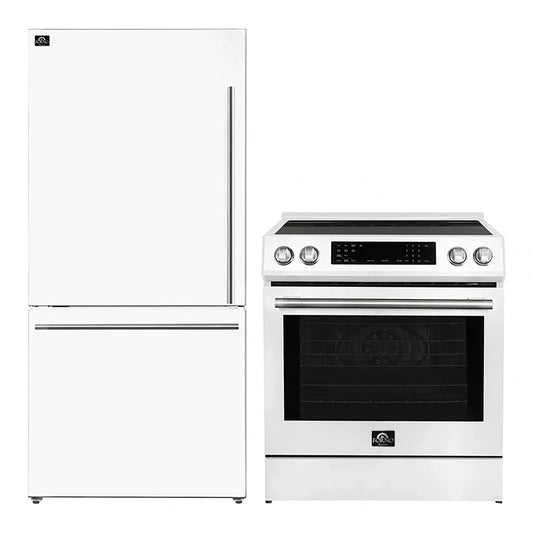 FORNO 2-Piece White Kitchen Bundle - 30" Induction Range and 31" Bottom Freezer Refrigerator - Forno Appliances
