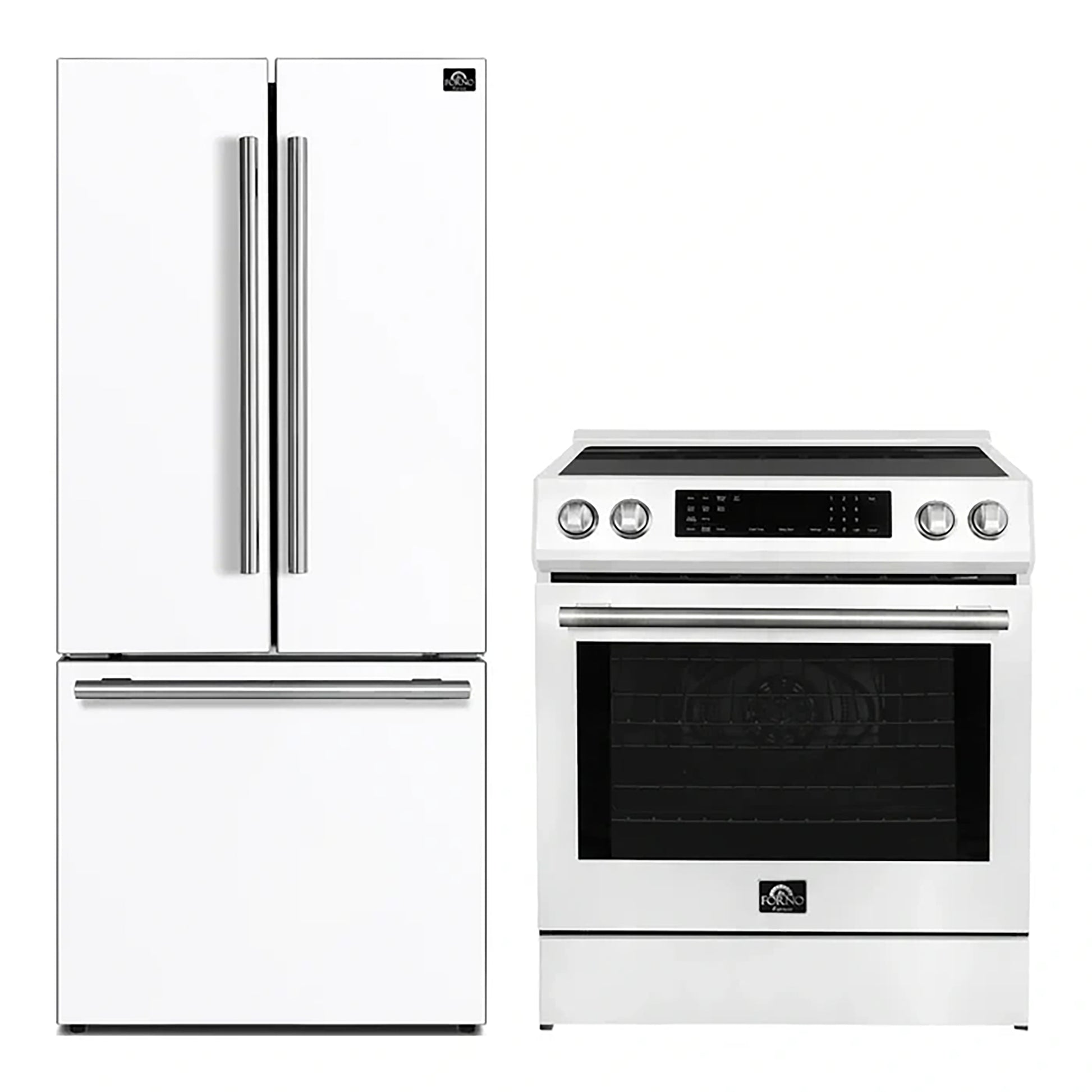 FORNO 2-Piece White Kitchen Bundle - 30" Induction Range and 31" Bottom Freezer Refrigerator - Forno Appliances