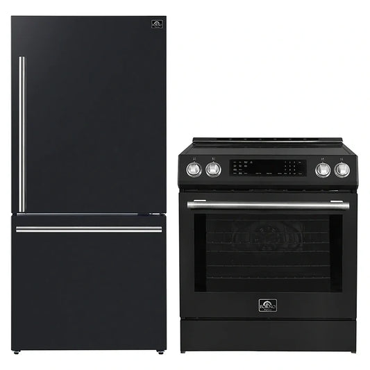 FORNO 2-Piece Black Kitchen Bundle - 30" Induction Range and 31" Bottom Freezer Refrigerator - Forno Appliances