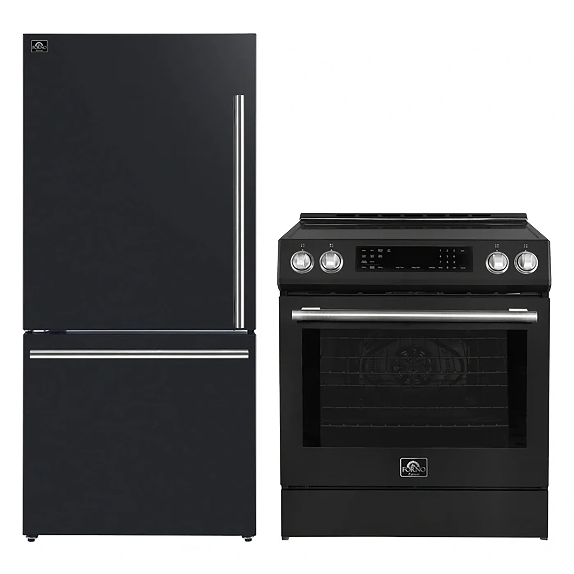 FORNO 2-Piece Black Kitchen Bundle - 30" Induction Range and 31" Bottom Freezer Refrigerator - Forno Appliances