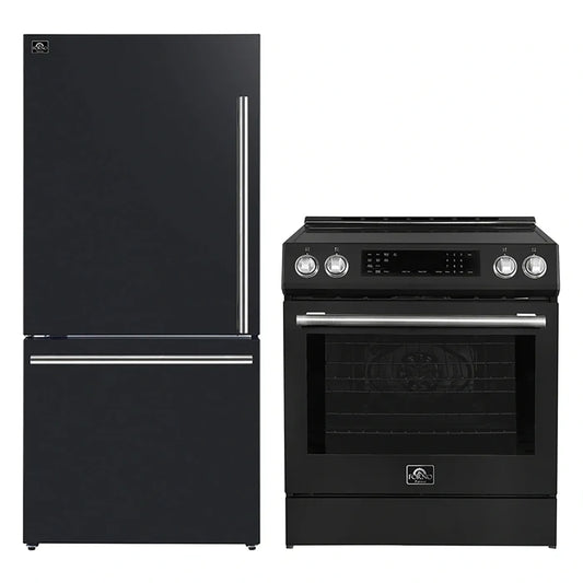 FORNO 2-Piece Black Kitchen Bundle - 30" Induction Range and 31" Bottom Freezer Refrigerator - Forno Appliances