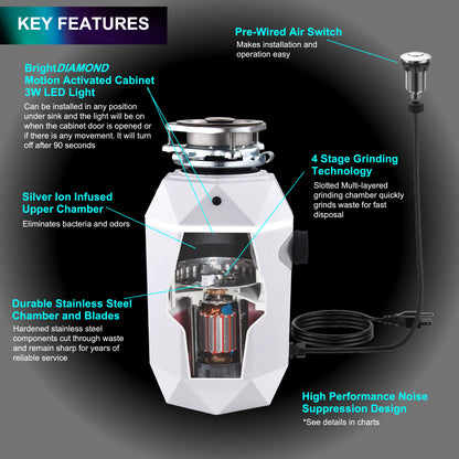 FORNO ACQUA BrightDIAMOND Moonstone 1HP Super Quiet Garbage Disposal Corded with Motion Sensor Cabinet Light & Pre-Wired Air Switch - Forno Appliances