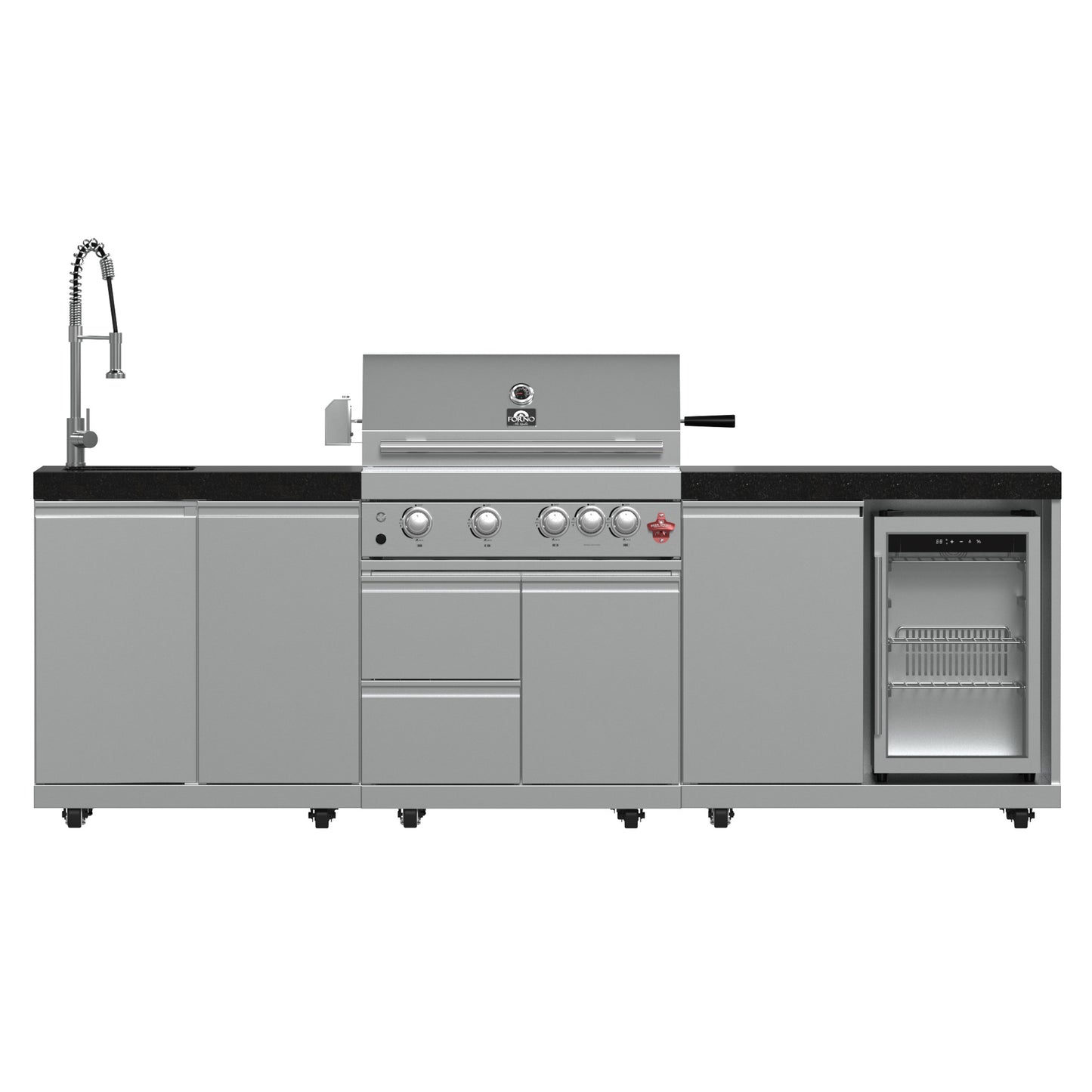 FORNO Bulnes 30-Inch BBQ, 60,000 BTU, 3 Burners with Sear & Rotisserie Infrared Burners, Stainless Steel Outdoor Kitchen with 1.8 cu.ft. Beverage Center & Black Granite Countertops - Forno Appliances