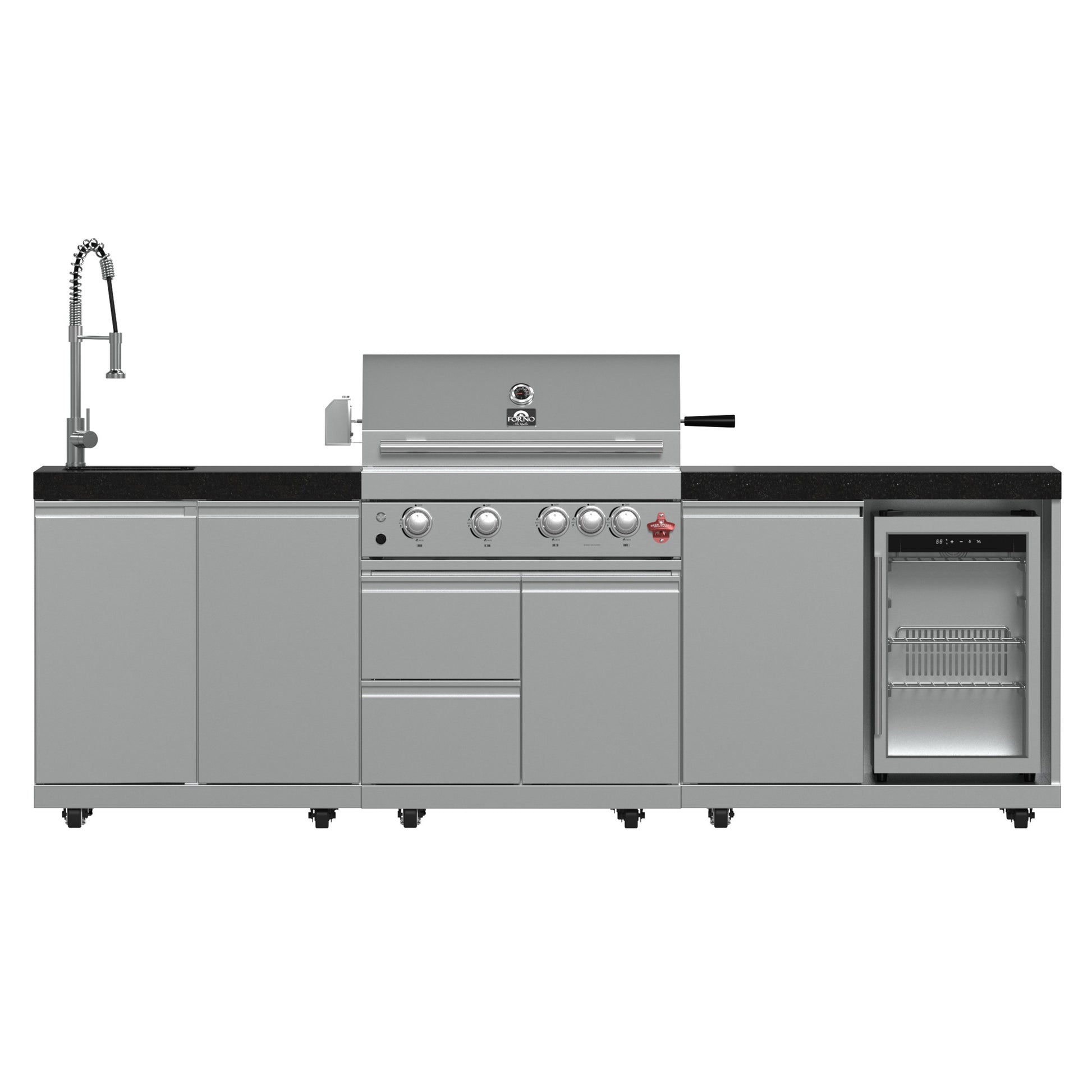 FORNO Bulnes 30-Inch BBQ, 60,000 BTU, 3 Burners with Sear & Rotisserie Infrared Burners, Stainless Steel Outdoor Kitchen with 1.8 cu.ft. Beverage Center & Black Granite Countertops - Forno Appliances