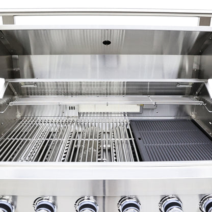 FORNO Bulnes 40-Inch BBQ, 95,000 BTU, 5 Burners, Sear & Rotisserie Infrared with Side Burner, Stainless Steel Outdoor Kitchen with 1.8 cu.ft. Beverage Center & White Sintered Stone Countertops - Forno Appliances