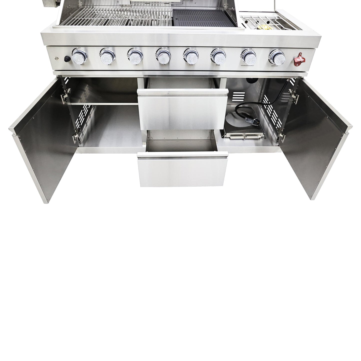 FORNO Bulnes 40-Inch BBQ, 95,000 BTU, 5 Burners, Sear & Rotisserie Infrared with Side Burner, Stainless Steel Outdoor Kitchen with 1.8 cu.ft. Beverage Center & White Sintered Stone Countertops - Forno Appliances
