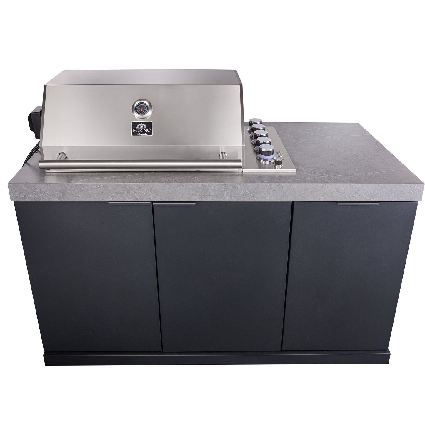 Forno Rimini Outdoor Kitchen 30" BBQ 62,600 BTU, 3 Burners with Sear & Rotisserie, 2.4 cu.ft. Beverage Center, Stainless Steel Sink, Black Cabinets & Gray Sintered Stone Countertop - Forno Appliances