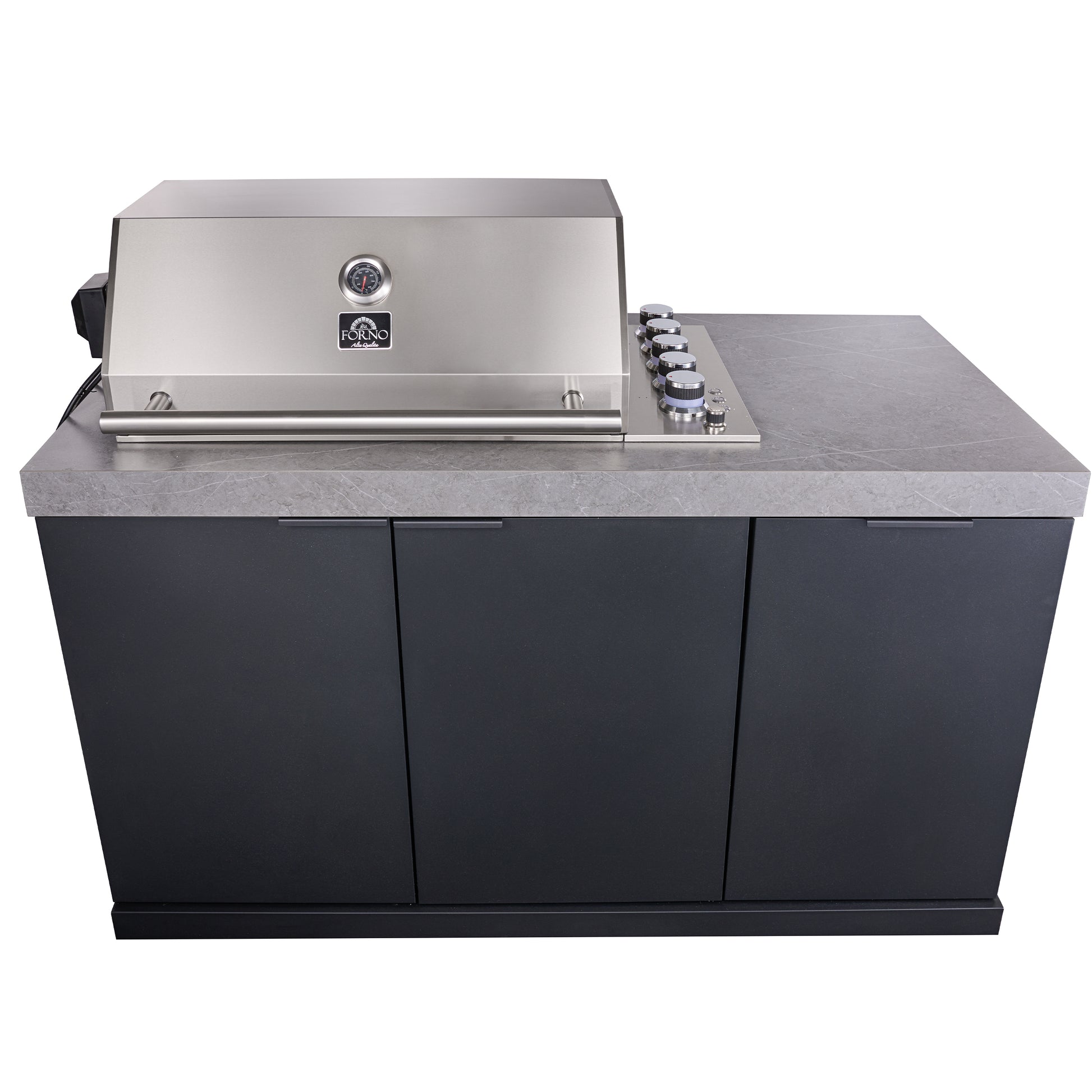 Forno Rimini Outdoor Kitchen 30" BBQ 62,600 BTU, 3 Burners with Sear & Rotisserie, 2.4 cu.ft. Beverage Center, Stainless Steel Sink, Black Cabinets & Gray Sintered Stone Countertop - Forno Appliances