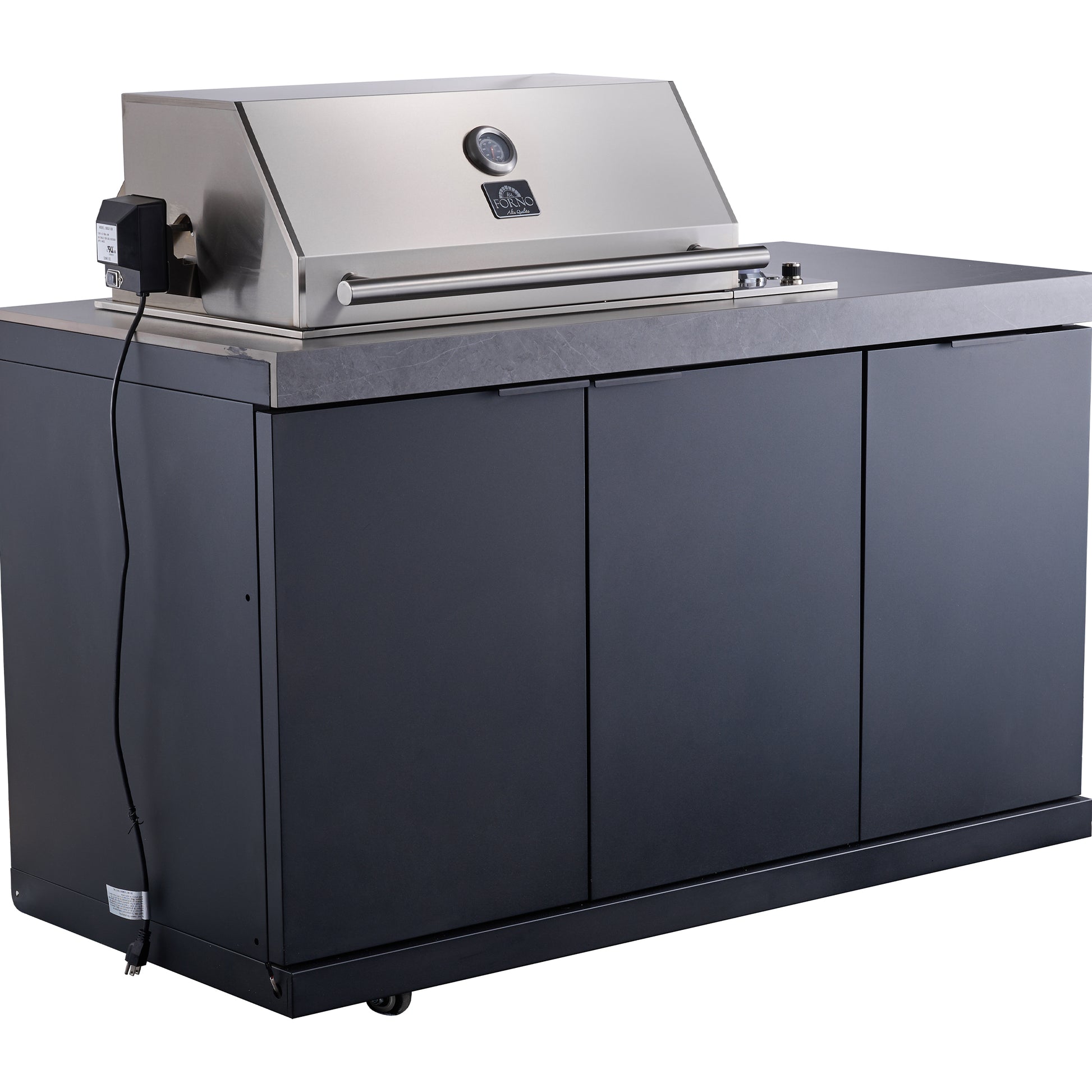 Forno Rimini Outdoor Kitchen 30" BBQ 62,600 BTU, 3 Burners with Sear & Rotisserie, 2.4 cu.ft. Beverage Center, Stainless Steel Sink, Black Cabinets & Gray Sintered Stone Countertop - Forno Appliances