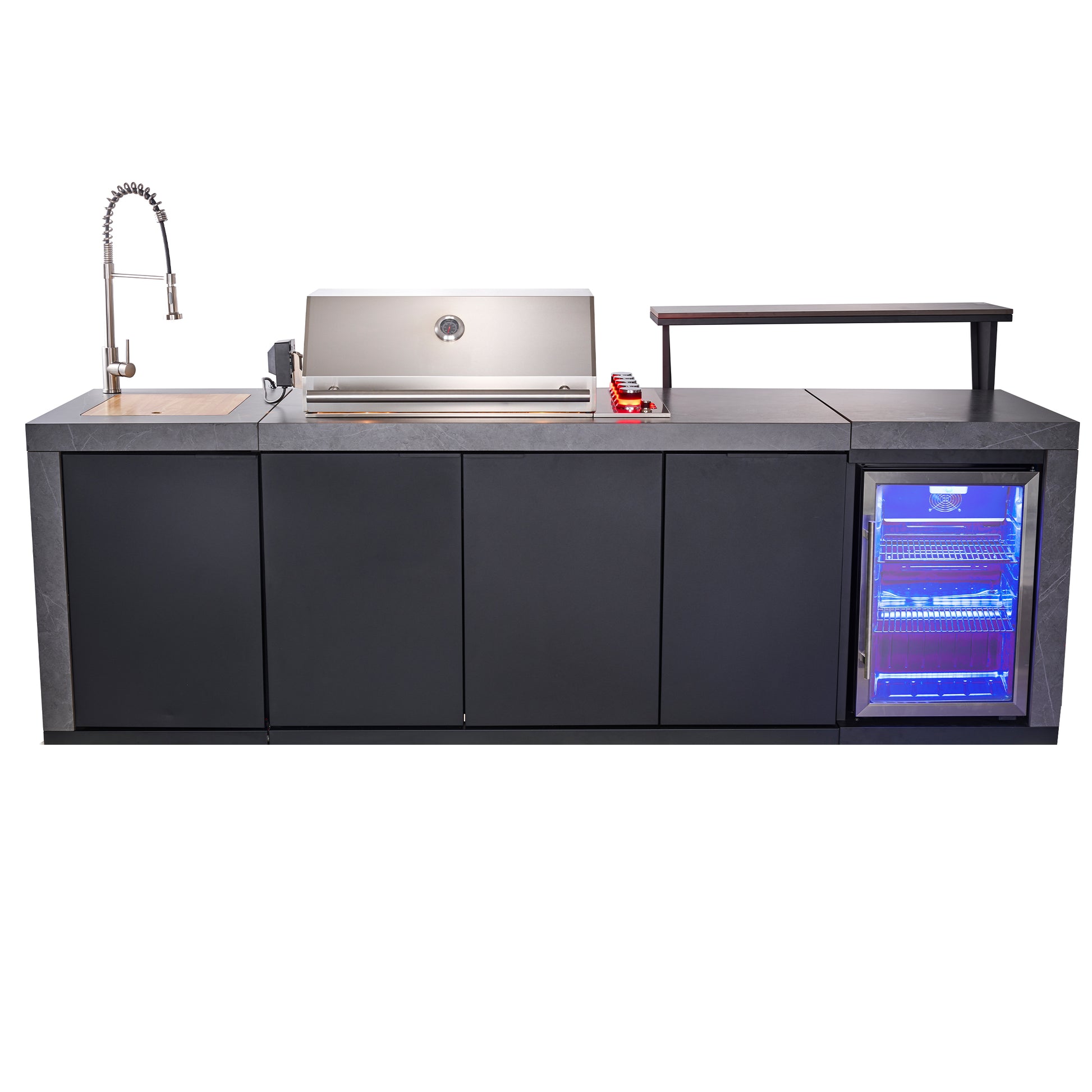 Forno Rimini Outdoor Kitchen 30" BBQ 62,600 BTU, 3 Burners with Sear & Rotisserie, 2.4 cu.ft. Beverage Center, Stainless Steel Sink, Black Cabinets & Gray Sintered Stone Countertop - Forno Appliances