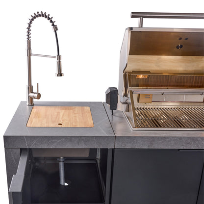 Forno Rimini Outdoor Kitchen 30" BBQ 62,600 BTU, 3 Burners with Sear & Rotisserie, 2.4 cu.ft. Beverage Center, Stainless Steel Sink, Black Cabinets & Gray Sintered Stone Countertop - Forno Appliances