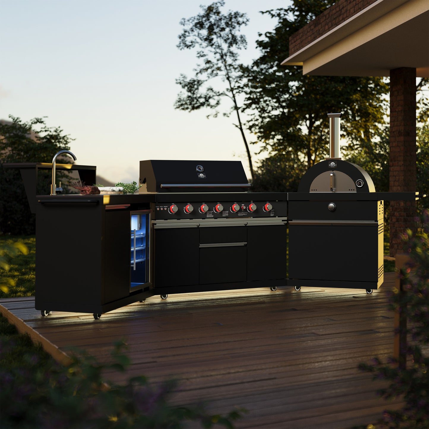 Forno All’Aperto 87,600 BTU Outdoor Kitchen, 4 Burners, Infrared Burners, Side Burner, Black Sintered Stone Countertops, Gas Pizza Oven, Sink Module, Bar & Beverage Center - Forno Appliances