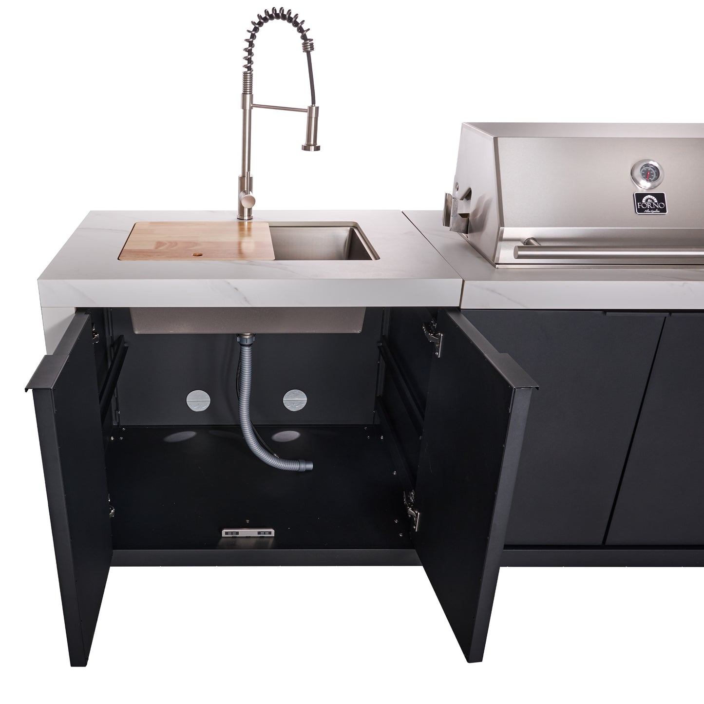 Forno Rimini Outdoor Kitchen: 30" BBQ 62,600 BTU, 4.8 cu.ft. Refrigerators, White Countertops - Forno Appliances