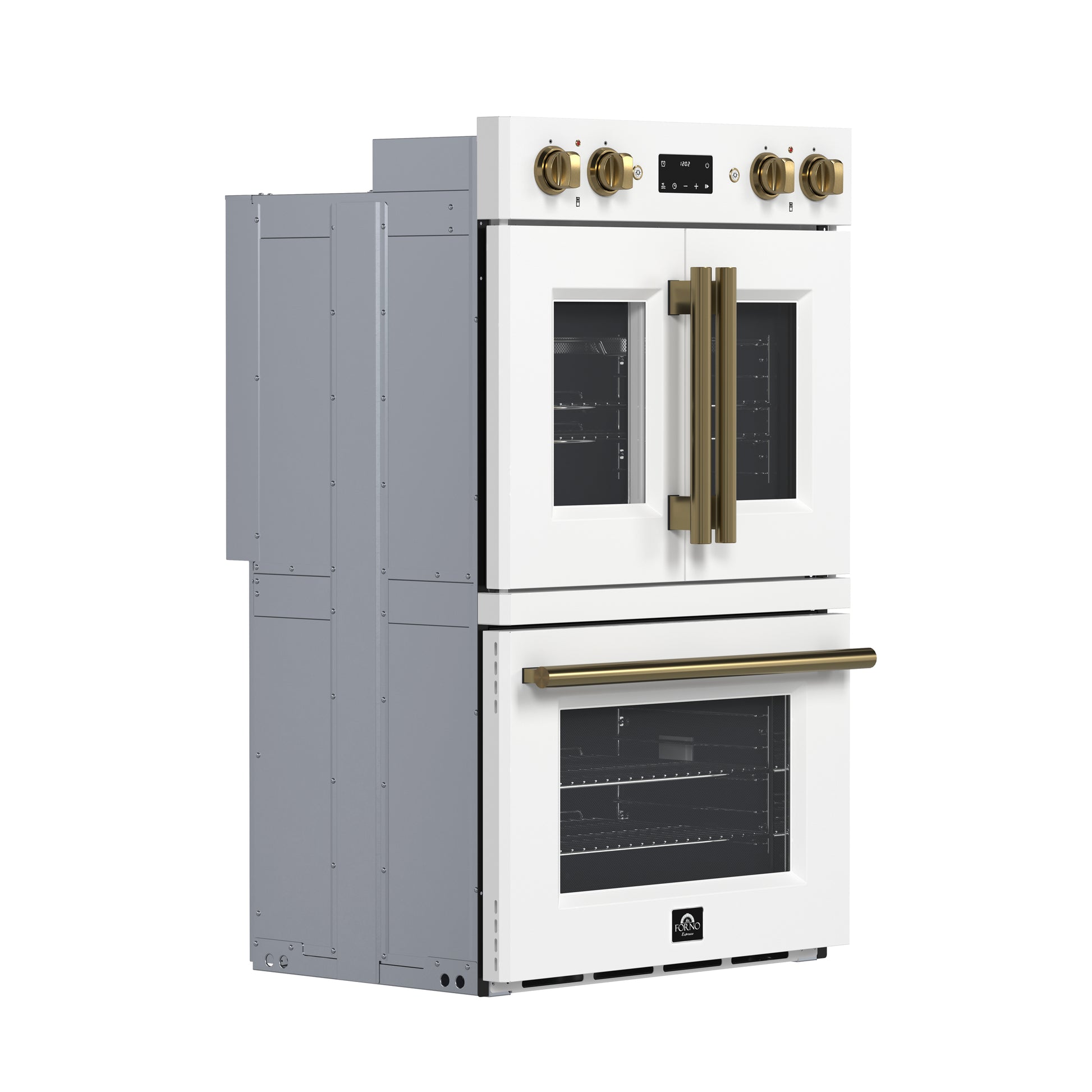 Forno Asti 30-Inch Double Electric Wall Oven with Upper French Doors in White & Antique Brass, 7.36 cu. ft. Dual True Convection, 7,200W, Air Fry, Sous Vide, Self-Clean - Forno Appliances